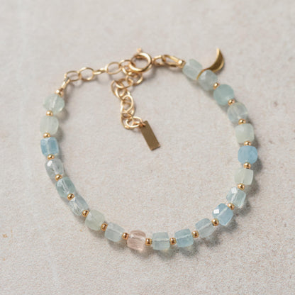 Morganite Bracelet Gold Filled, Beryl Gemstone Bracelet with Moon Charm, Pink Morganite Jewelry Adjustable 6.5-8", Dainty Gemstone Bracelet