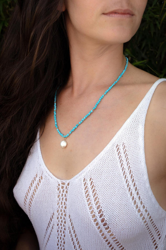 Sleeping Beauty Turquoise Necklace Gold Filled, Mini Nugget Turquoise Necklace with Pearl Pendant, One of a Kind Gemstone Jewelry