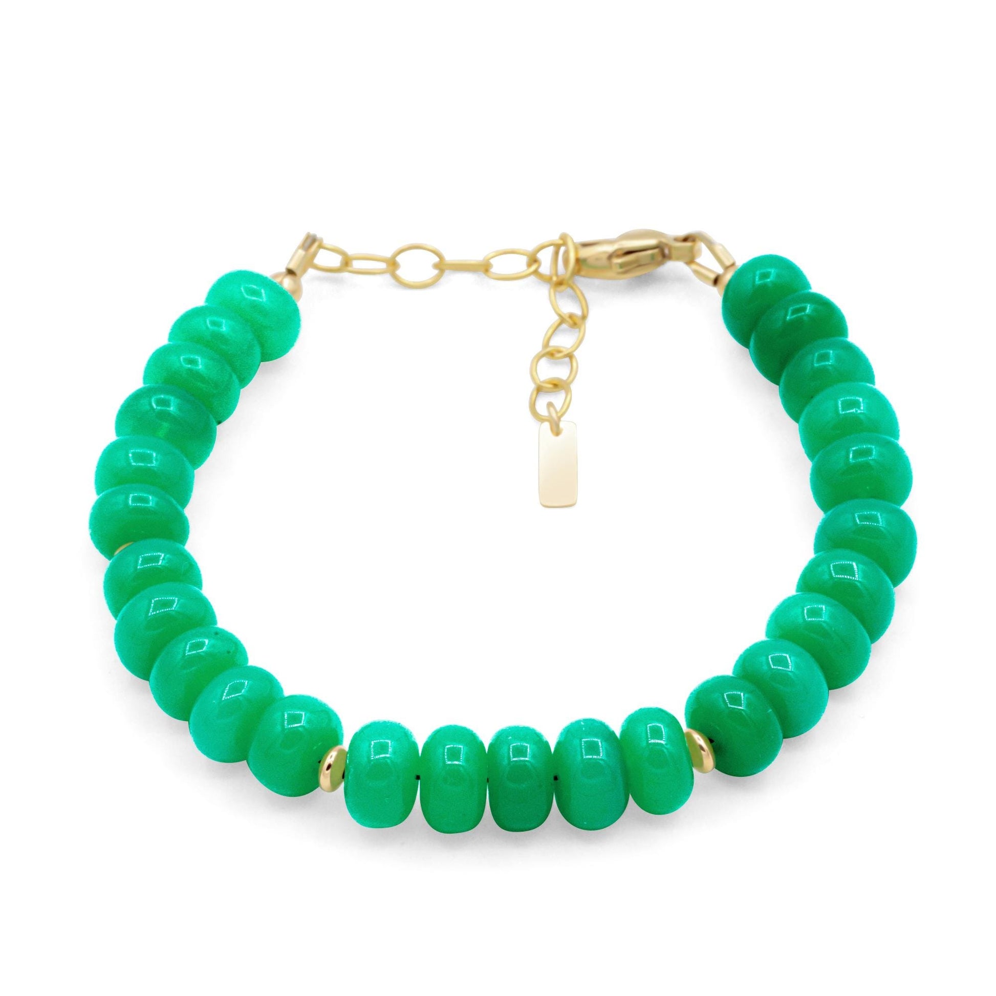 Green Chalcedony bracelet featuring smooth, polished beads from Earthly Abundance, displayed on a neutral background.