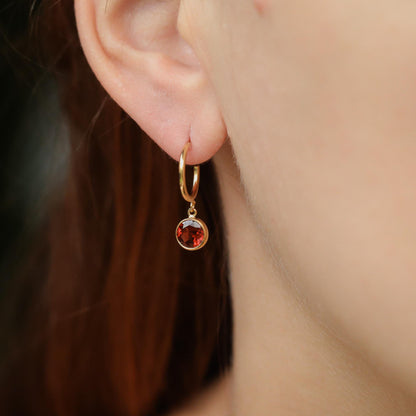 Garnet Hoop Earrings, Gold Filled Hoops, Dainty Red Gemstone Earrings, Minimalist Drop Earrings, January Birthstone Jewelry