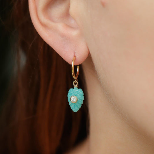 Amazonite Carved Drop Hoop Earrings, Gold Filled Hoops, Dainty Blue Green Gemstone Earrings, White Topaz Accent, Unique Statement Jewelry