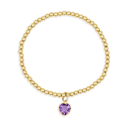 Gold Filled Stretch Bracelet with Solid 14K Amethyst Heart Charm, 3mm Beads