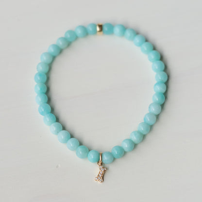 14K diamond Dog Bone Charm Bracelet – Gemstone Bracelet Gold Filled, Tanzanite Aquamarine Amazonite, Dog Lover Jewelry