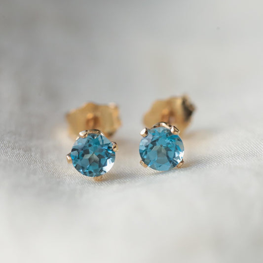 Swiss Blue Topaz Stud Earrings, Genuine Blue Gemstone Studs, 4mm Gold Filled Earrings, Sterling Silver or Solid 14K Gold