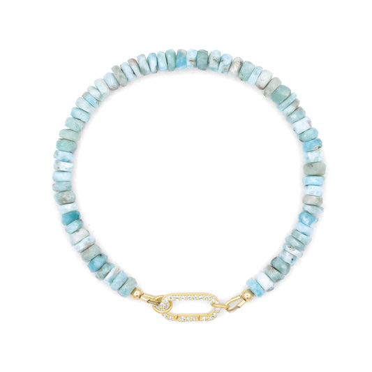 Larimar White Topaz Carabiner Bracelet – Blue Gemstone Bracelet, Gold Vermeil Clasp, White Topaz, 4mm Faceted Beads