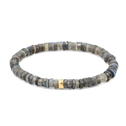 Labradorite Moon Heishi Bracelet by Earthly Abundance featuring round labradorite beads and moon-shaped accents on an elastic band.