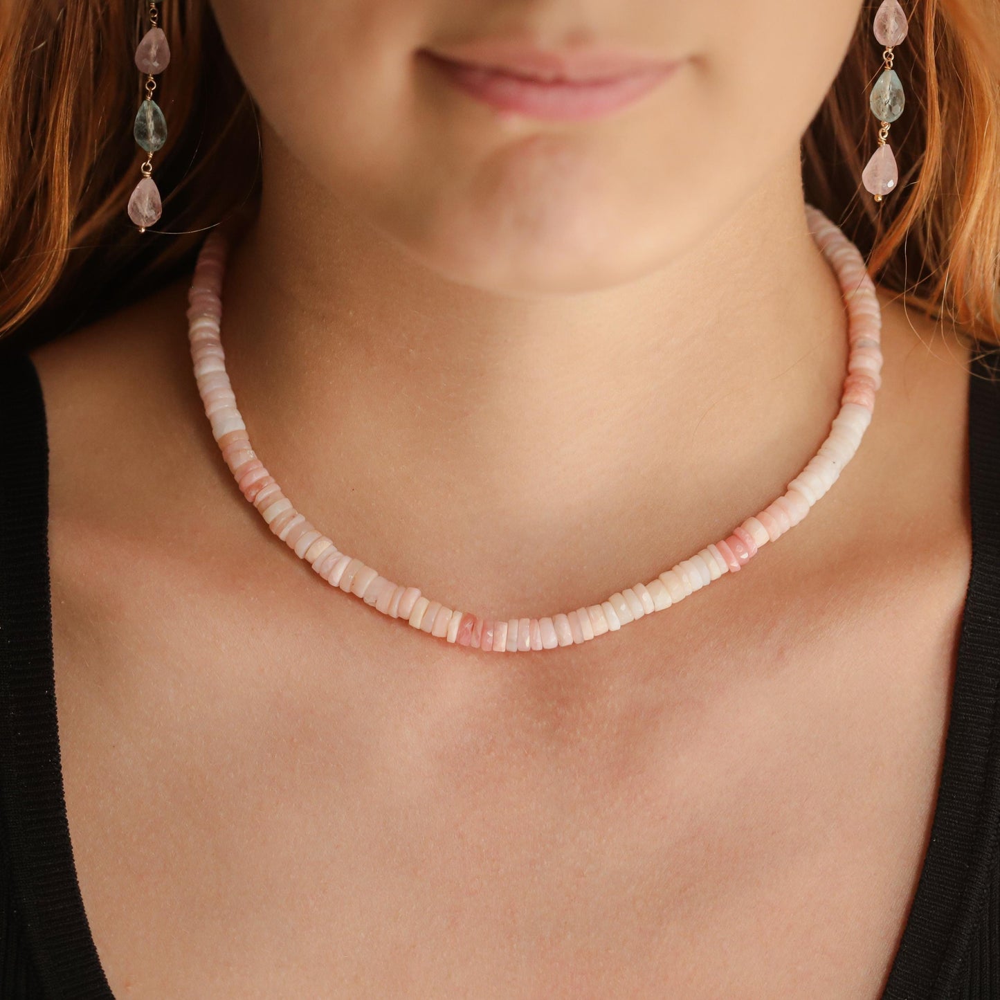 Pink Opal Necklace 6mm Faceted Heishi, Dainty Blush Gemstone Necklace, 16 Inch Gold Filled Jewelry, Minimal Layering Necklace