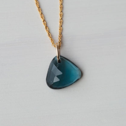 London Blue Topaz Pendant – One of a Kind Organic Shape, Deep Blue Gemstone Necklace, Rope Chain