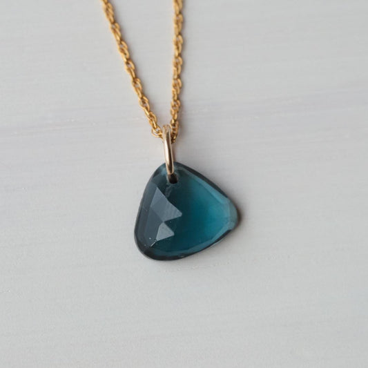London Blue Topaz Pendant – One of a Kind Organic Shape, Deep Blue Gemstone Necklace, Rope Chain