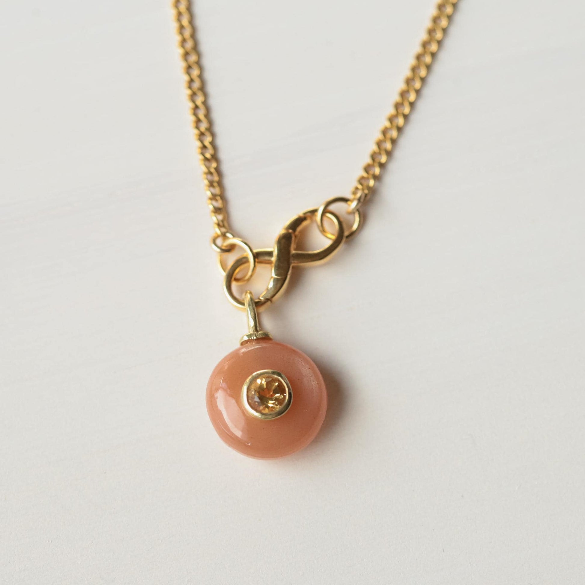 Infinity Clasp Curb Chain Necklace – Peach Moonstone & Citrine Pendant, Gold Filled Convertible Necklace