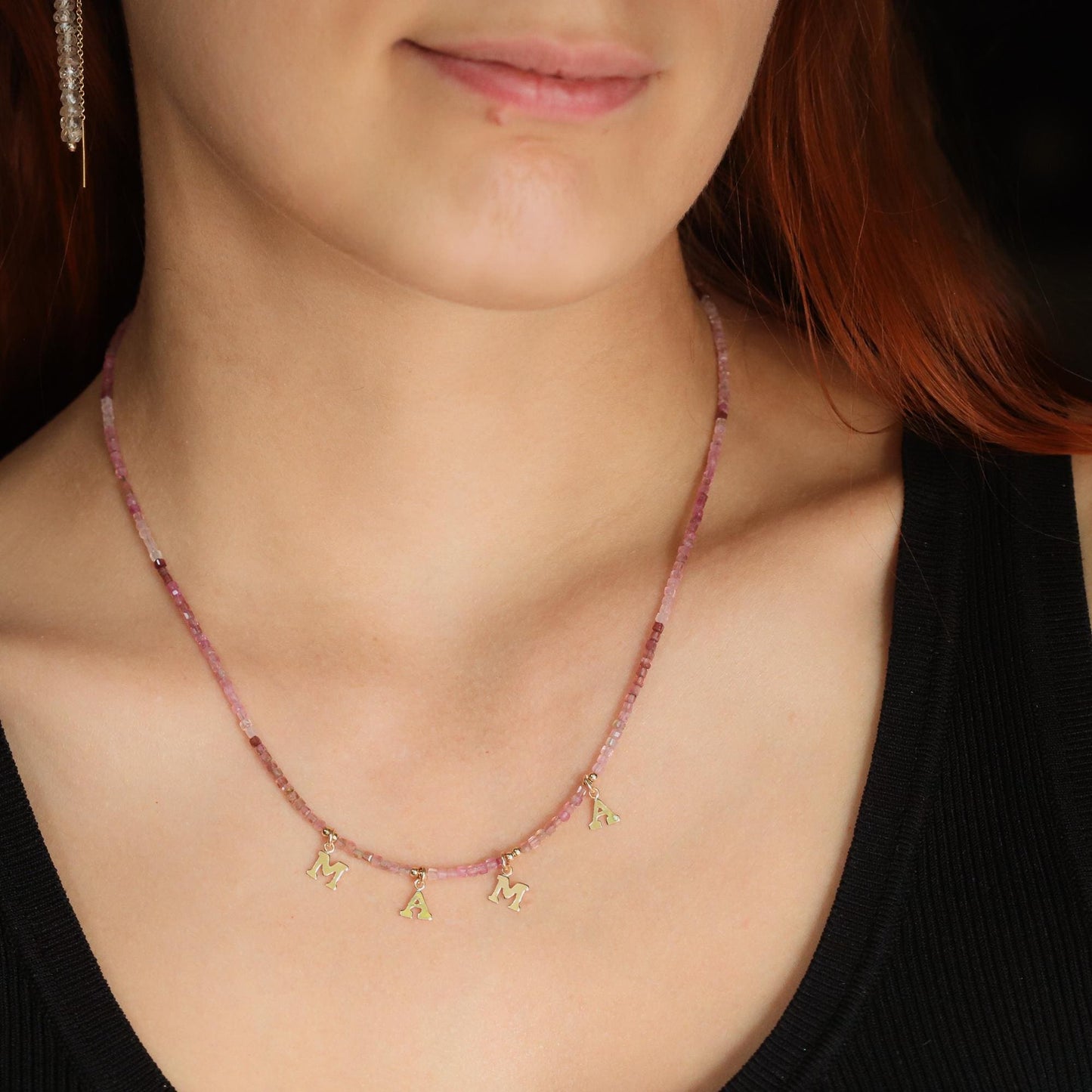 Pink Tourmaline Mama Necklace, Ombre Pink Gemstone Necklace, Gold Filled Mama Charm, Dainty Mom Necklace, Mothers Day Gift for Mom