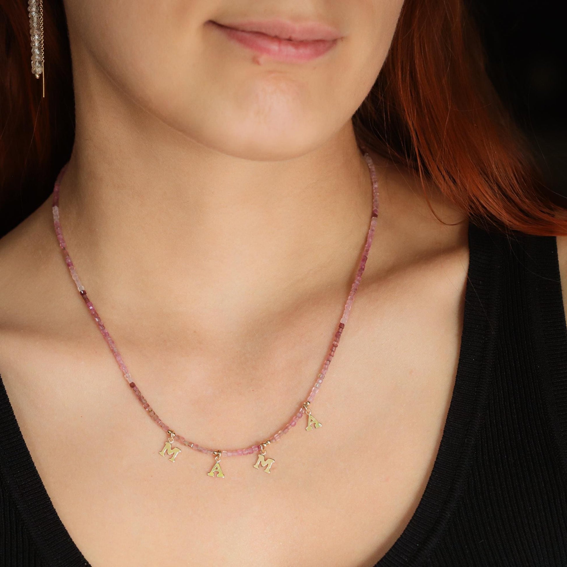 Pink Tourmaline Mama Necklace, Ombre Pink Gemstone Necklace, Gold Filled Mama Charm, Dainty Mom Necklace, Mothers Day Gift for Mom