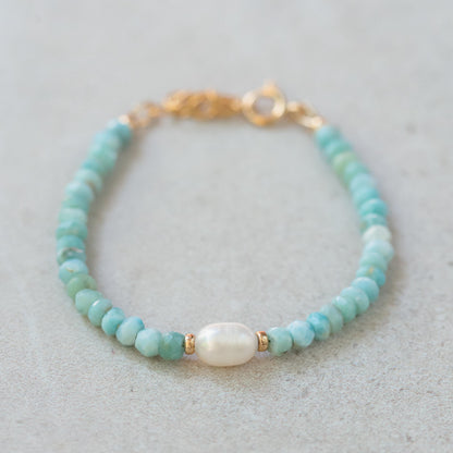 Larimar Pearl Bracelet Gold Filled, Faceted Larimar Bracelet, Freshwater Pearl Bracelet Adjustable, Blue Gemstone Jewelry