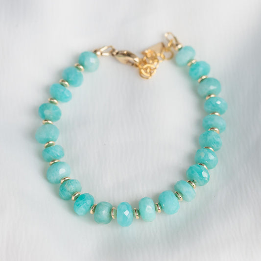 Amazonite Bracelet, Gold Filled Beaded Bracelet, Chunky Faceted Rondelle, Blue Green Gemstone Bracelet, Adjustable 6.5-8"