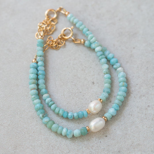 Larimar Pearl Bracelet Gold Filled, Faceted Larimar Bracelet, Freshwater Pearl Bracelet Adjustable, Blue Gemstone Jewelry