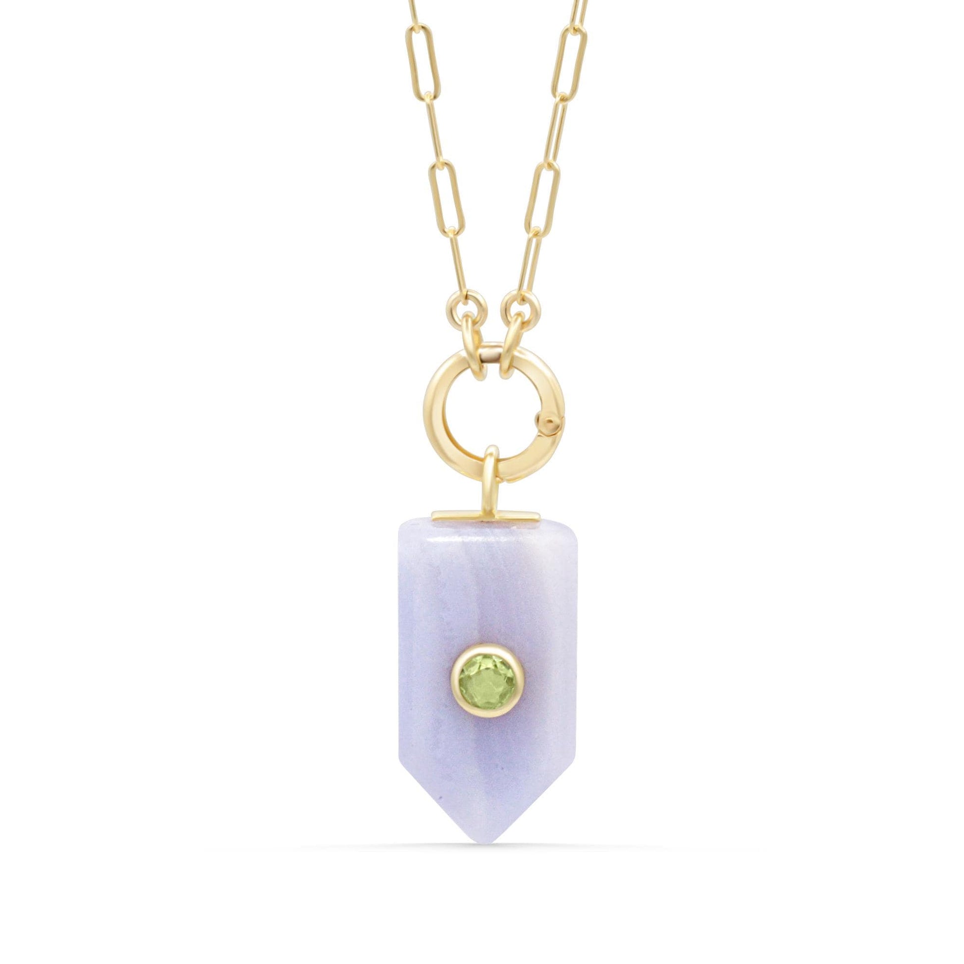 Horizon Blue lace and Peridot necklace from Earthly Abundance, featuring intricate lace design and green gemstone accents.