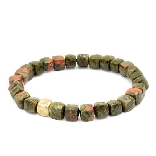 Unakite Cube Bracelet 8mm Faceted – Green Pink Gemstone Bracelet, 14K Gold Filled Accent, Unisex Beaded Bracelet, Healing Stone Jewelry
