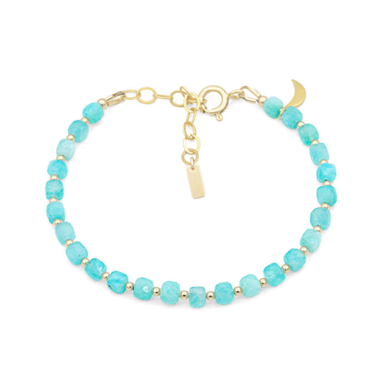 Amazonite Bracelet with Moon Charm, Cube Cut Amazonite Bracelet, Gold Filled Bracelet, Crystal Bracelet, Gemstone Bracelet, Protection