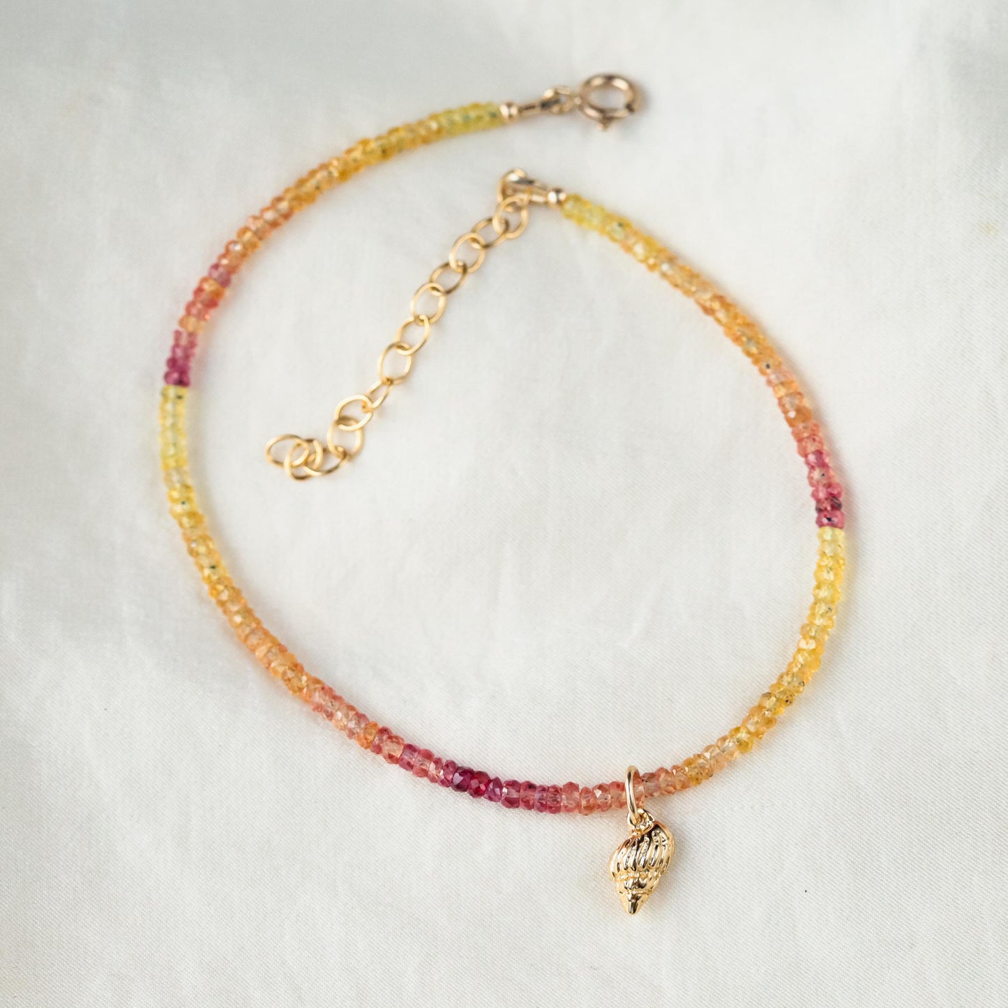 Songea Sapphire Anklet Gold Filled – Pink & Yellow Sapphire Anklet with Removable Gold Conch Charm, AAAA+ Gemstone Beach Anklet