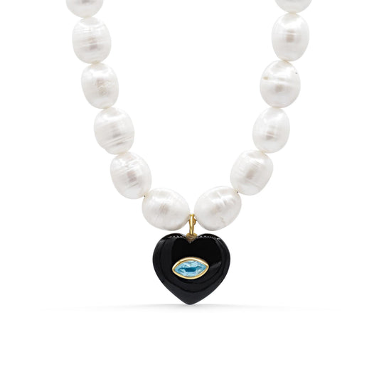 Midnight Oracle Pearl Necklace with Black Agate and Blue Topaz
