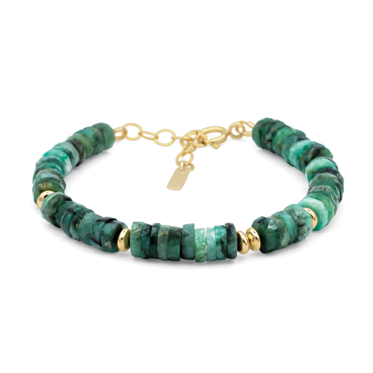 Emerald faceted bracelet by Earthly Abundance featuring sparkling green gemstones on a delicate silver chain.