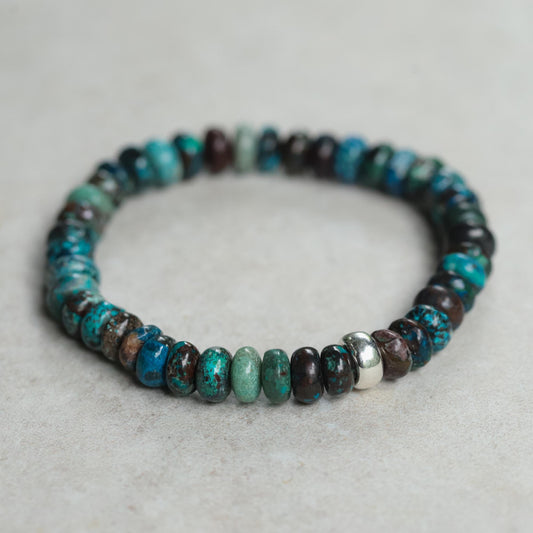 Chrysocolla Men’s Bracelet – Genuine Chrysocolla Bracelet, Sterling Silver, Gold Filled or 14K Gold Accent, Earthy Gemstone Bracelet for Men