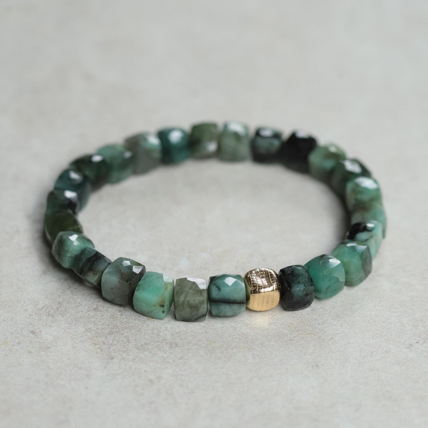 Emerald Cube Bracelet for Men – Genuine Emerald Bracelet with 14K Gold filled, Faceted Gemstone Stretch Bracelet, Luxury Mens Jewelry