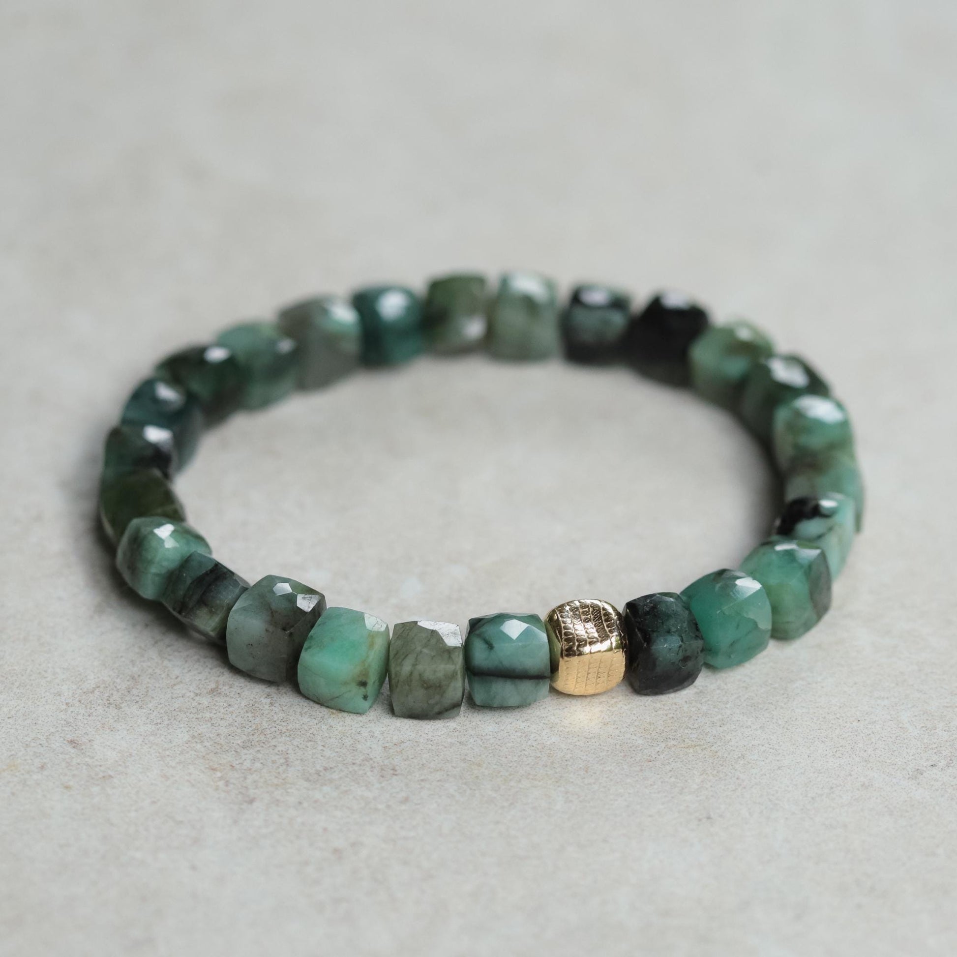 Emerald Cube Bracelet for Men – Genuine Emerald Bracelet with 14K Gold filled, Faceted Gemstone Stretch Bracelet, Luxury Mens Jewelry
