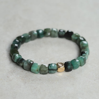 Emerald Cube Bracelet for Men – Genuine Emerald Bracelet with 14K Gold filled, Faceted Gemstone Stretch Bracelet, Luxury Mens Jewelry