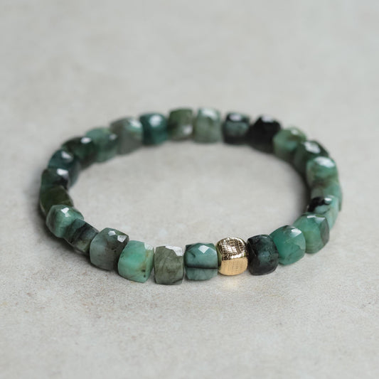 Emerald Cube Bracelet for Men – Genuine Emerald Bracelet with 14K Gold filled, Faceted Gemstone Stretch Bracelet, Luxury Mens Jewelry