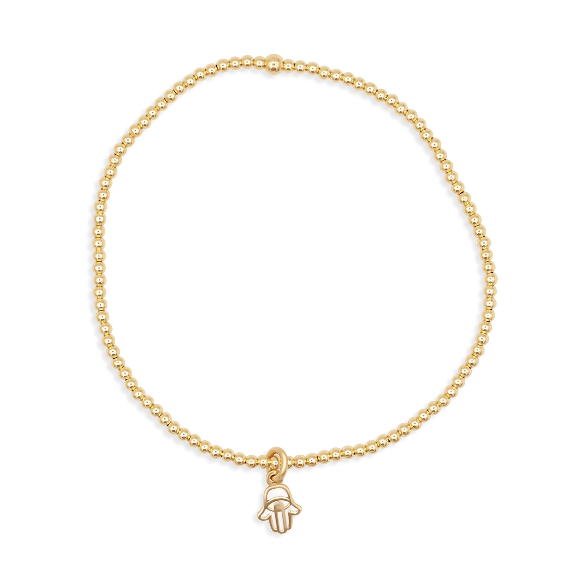 Solid 14K Gold Hamsa Bracelet, Mother of Pearl Hamsa Bracelet, Gold Beaded Bracelet, Protection Bracelet, Lucky Charm Jewelry
