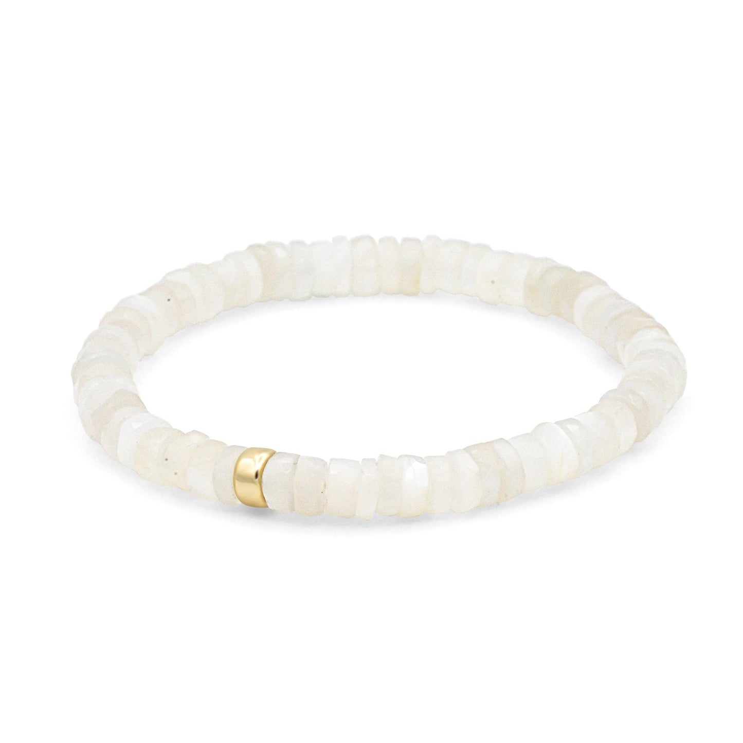 Soft glow moonstone Heishi bracelet by Earthly Abundance featuring smooth, round moonstone beads on a delicate stretch band.