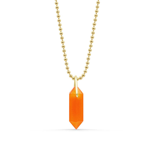 Carnelian prism pendant necklace with a silver chain, featuring a vibrant orange-red gemstone, from Earthly Abundance.