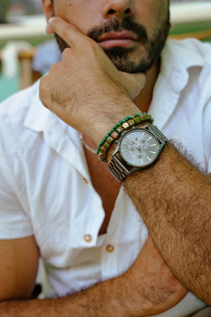 Men's Malachite Bracelet – Genuine Malachite Bracelet for Men, Sterling Silver, Gold Filled or 14K Gold Accent, Green Gemstone Stretch