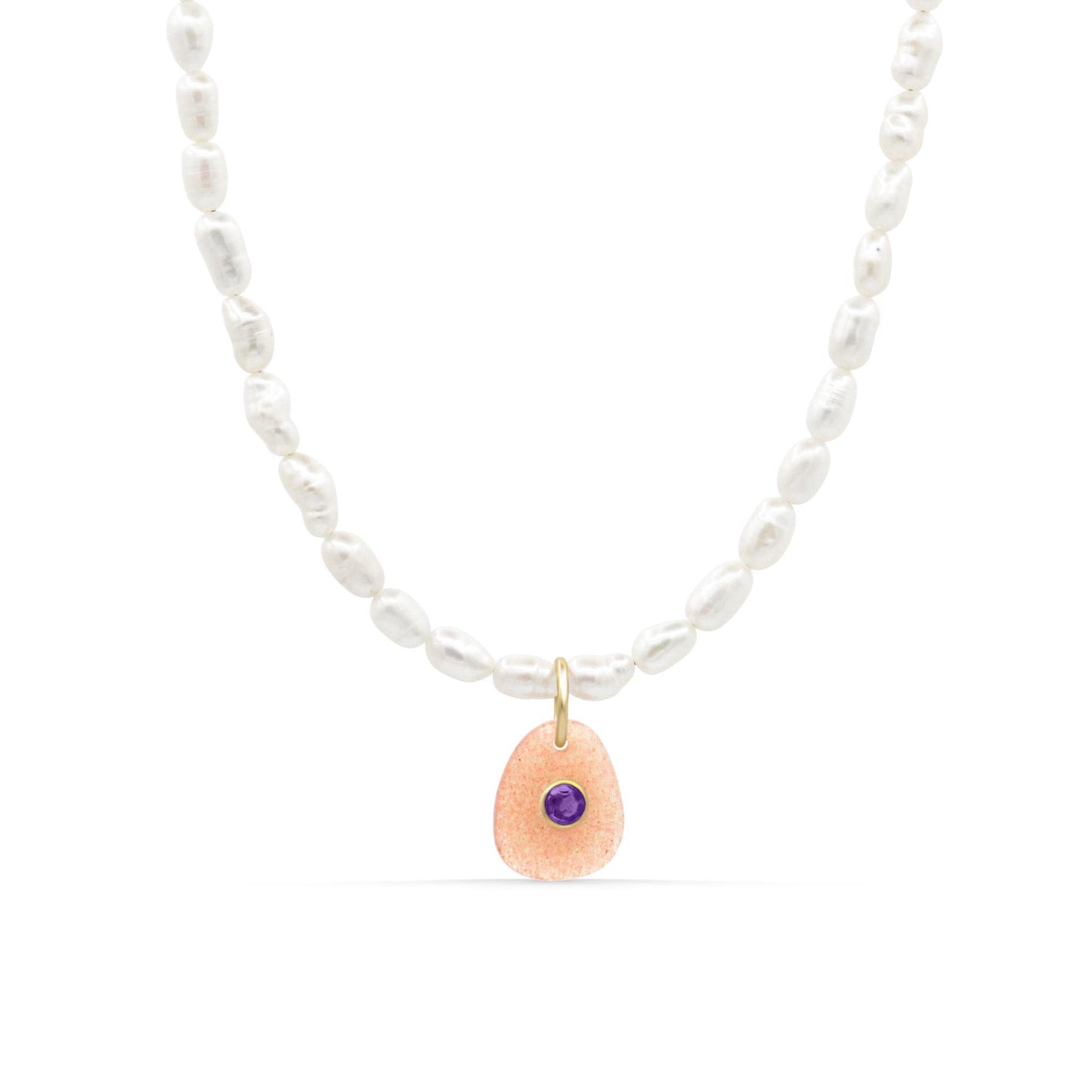 Peach Moon Muse Necklace Freshwater Pearl + peach moonstone and amethyst