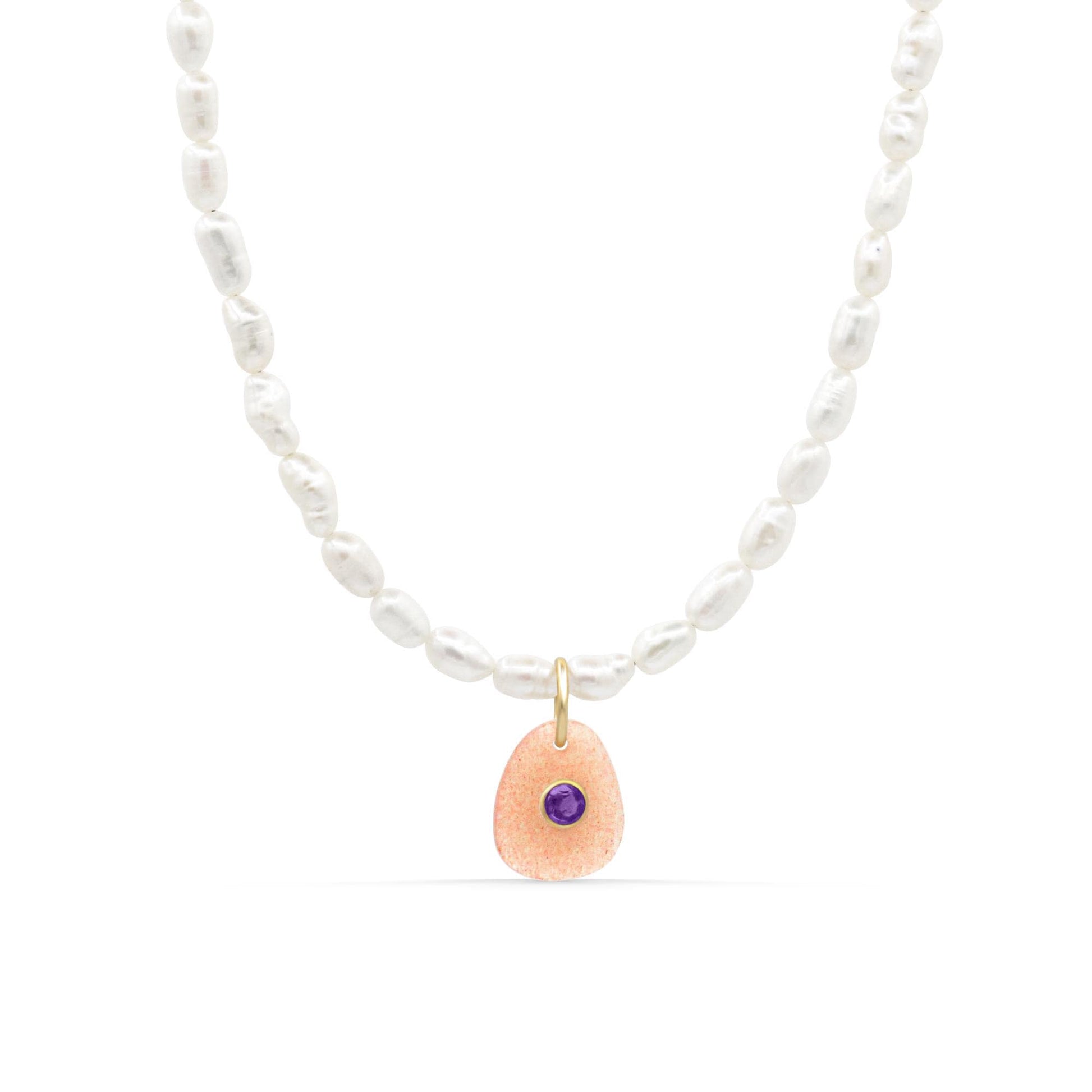 Peach Moon Muse Necklace Freshwater Pearl + peach moonstone and amethyst
