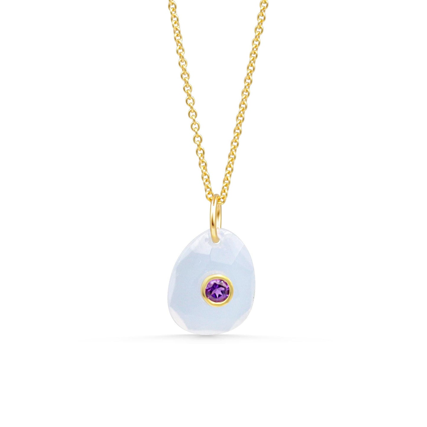 Wisteria Sky Pendant by Earthly Abundance featuring chalcedony and amethyst gemstones on a silver chain.