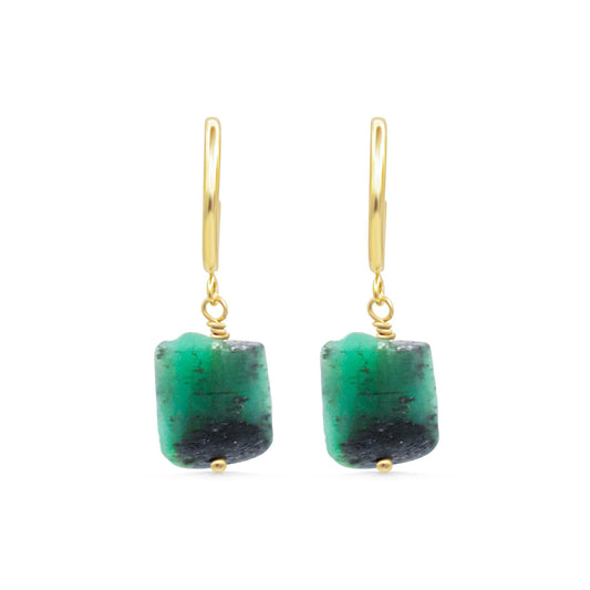Emerald Hoop Earrings | Raw Emerald Slice Earrings | 14K Gold Filled Hoops | Genuine Emerald Earrings | May Birthstone Jewelry