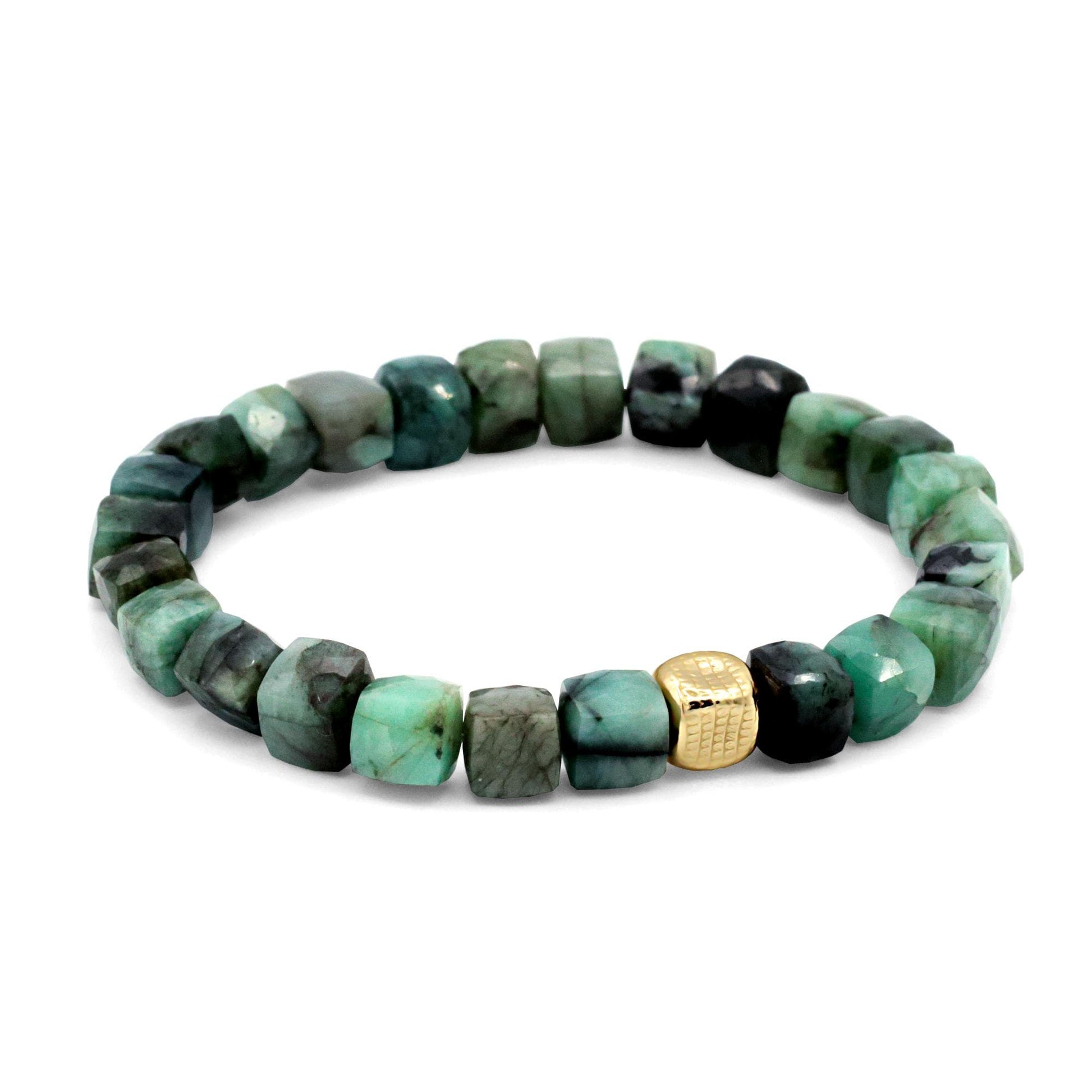 Emerald cube bracelet with 14K gold-filled links, featuring vibrant green emerald stones on a delicate gold chain.