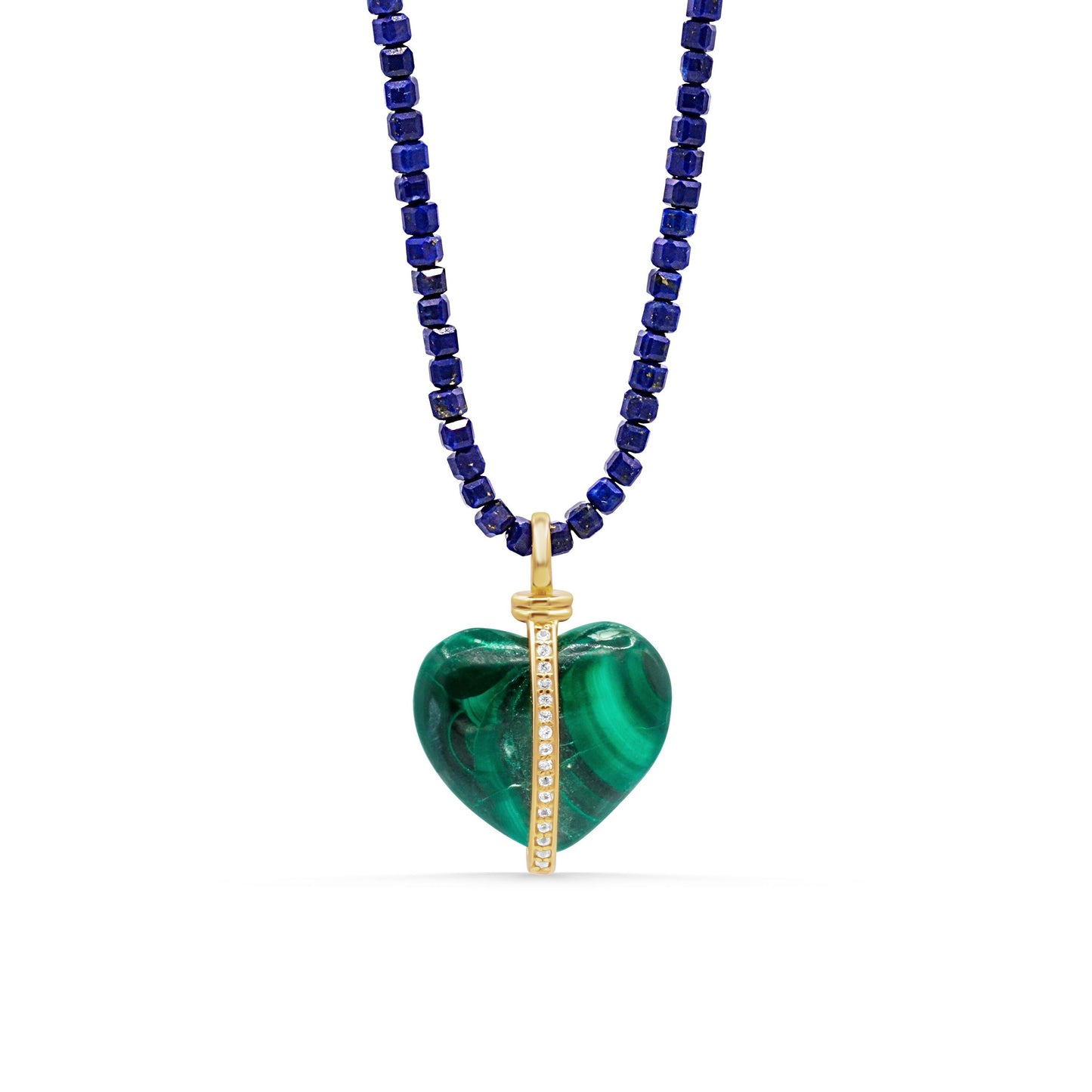 Alchemy Heart Necklace | Lapis lazuli and malachite | malachite heart white topaz gold vermeil | Cube Cut Lapis Necklace