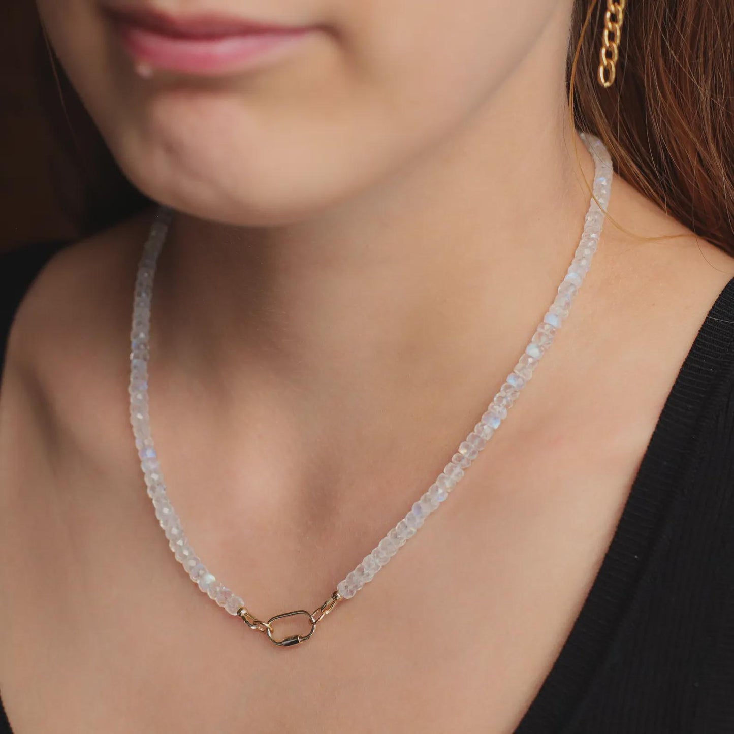 Rainbow Moonstone Necklace, Moonstone carabiner necklace, [ENMM1785] AAAA+ Moonstone beaded necklace, June birthstone, Moonstone