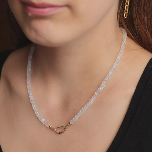 Rainbow Moonstone Necklace, Moonstone carabiner necklace, [ENMM1785] AAAA+ Moonstone beaded necklace, June birthstone, Moonstone