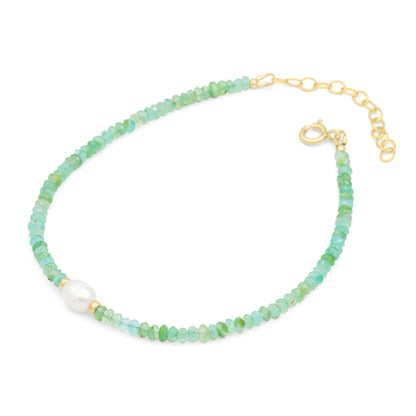 Seafoam Peruvian Opal Pearl anklet featuring delicate beads on a silver chain, handcrafted by Earthly Abundance.
