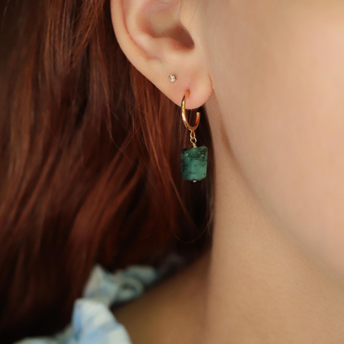 Emerald Hoop Earrings | Raw Emerald Slice Earrings | 14K Gold Filled Hoops | Genuine Emerald Earrings | May Birthstone Jewelry