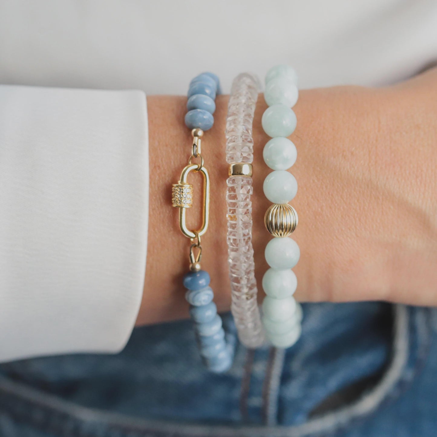 Blue Opal Topaz bracelet featuring polished gemstone beads from Earthly Abundance, displayed on a neutral background.