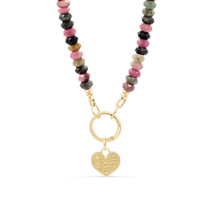 Vibrant Heart mixed tourmaline necklace with multicolored gemstones, crafted by Earthly Abundance, on a white background.