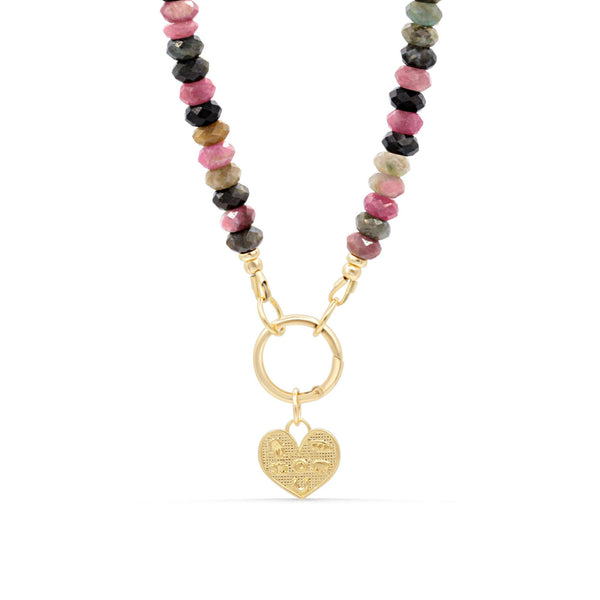 Vibrant Heart mixed tourmaline necklace with multicolored gemstones, crafted by Earthly Abundance, on a white background.