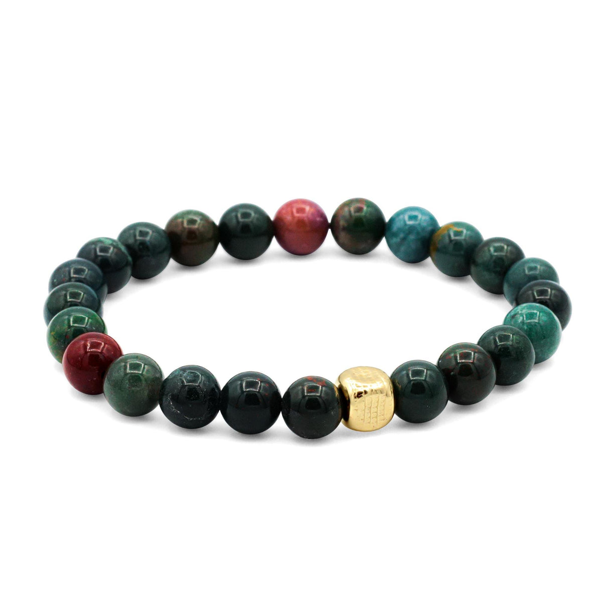 Earth Energy Bloodstone bracelet featuring polished bloodstone beads on an elastic cord, displayed on a neutral background.