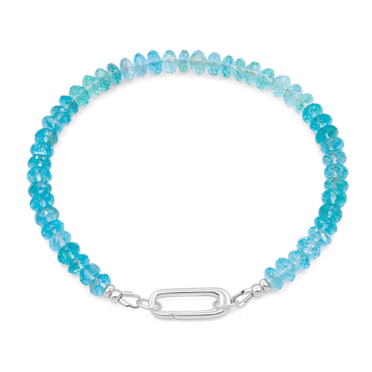 Bicolor Apatite Carabiner Bracelet with blue and green stones on a silver chain, by Earthly Abundance.