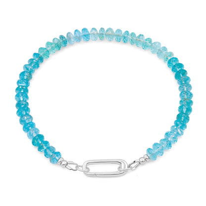Bicolor Apatite Carabiner Bracelet with blue and green stones on a silver chain, by Earthly Abundance.